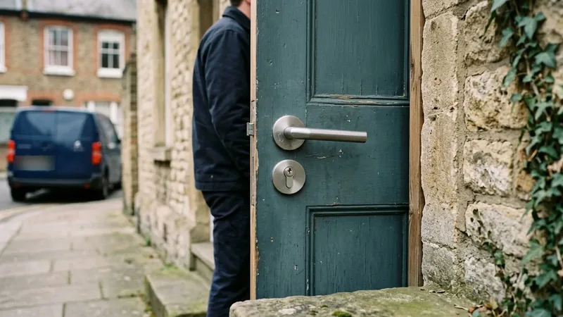 Steel lever handle and euro cylinder with a security escutcheon on a painted wooden door of a London period house