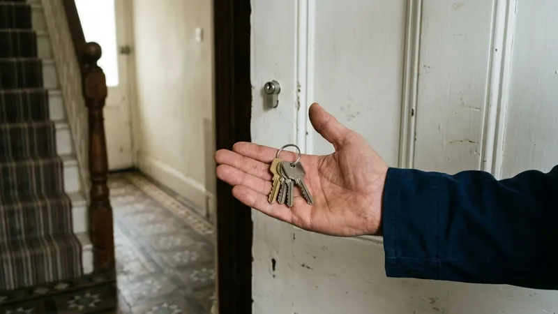 Open palm holding a small bunch of brass and steel keys in front of a white door in a London hallway