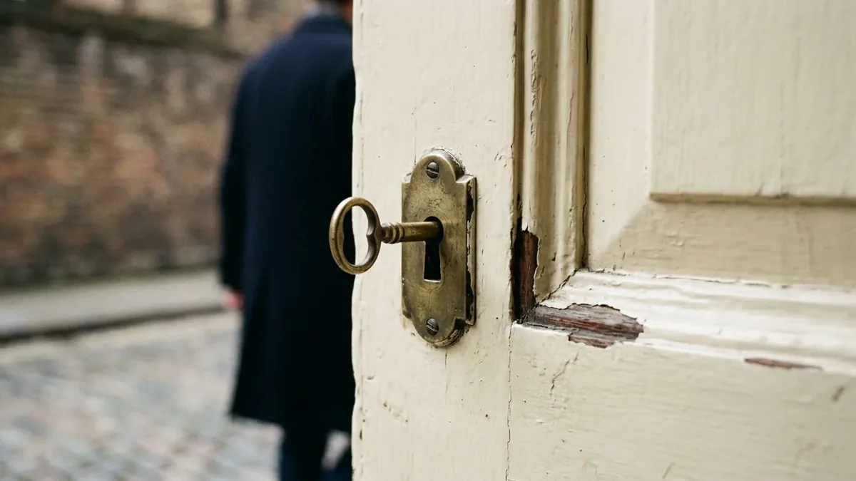 Key standing in a worn brass keyhole escutcheon on a weathered cream-painted wooden door of an old London house