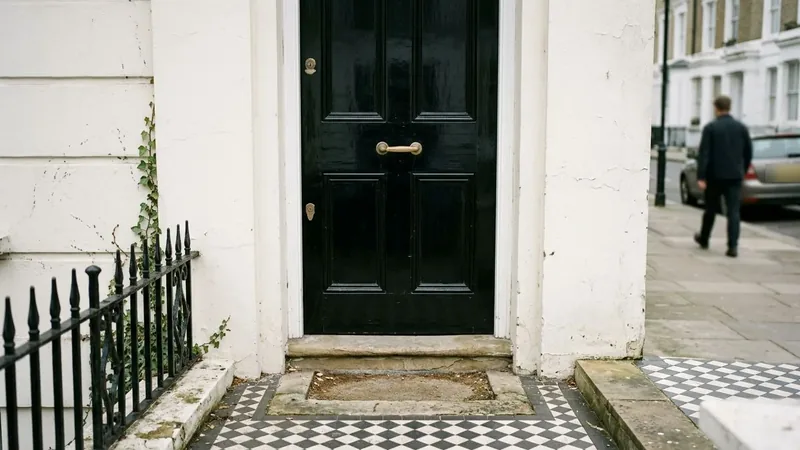 Glossy black panelled front door of a white stucco London terrace, seen from a black-and-white tiled step