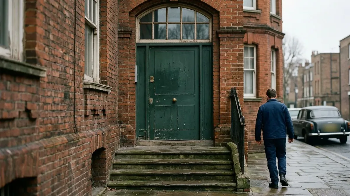 Heavy painted communal entrance door with brass handle and steel lock on a red-brick Victorian London mansion block