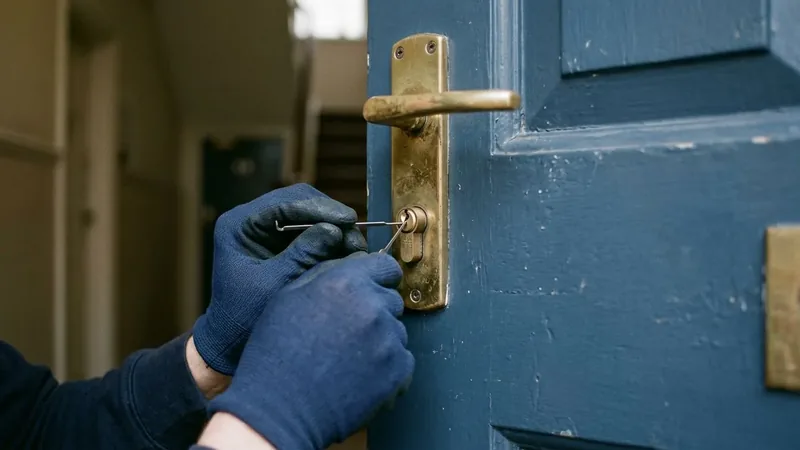 Gloved hands holding a slim pick tool at the euro cylinder lock of a painted wooden London flat door