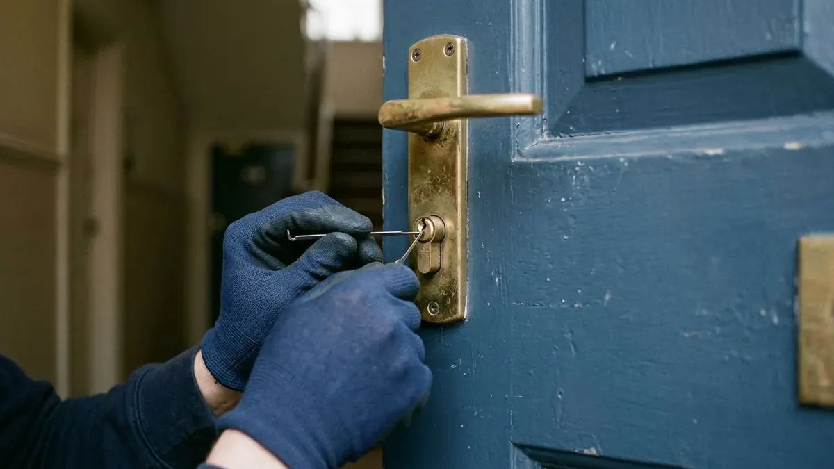 Gloved hands holding a slim pick tool at the euro cylinder lock of a painted wooden London flat door