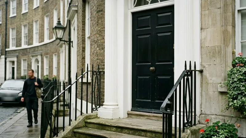 Black panelled Georgian townhouse door with a brass knob, behind black iron railings on a London street