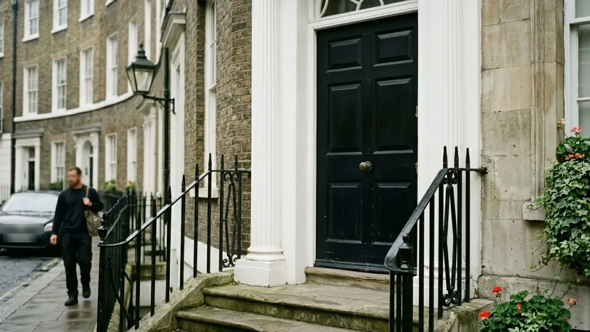 Black panelled Georgian townhouse door with a brass knob, behind black iron railings on a London street