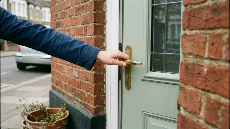 Hand on the brass lever handle of a pale composite front door with leaded glass, set in red London brickwork