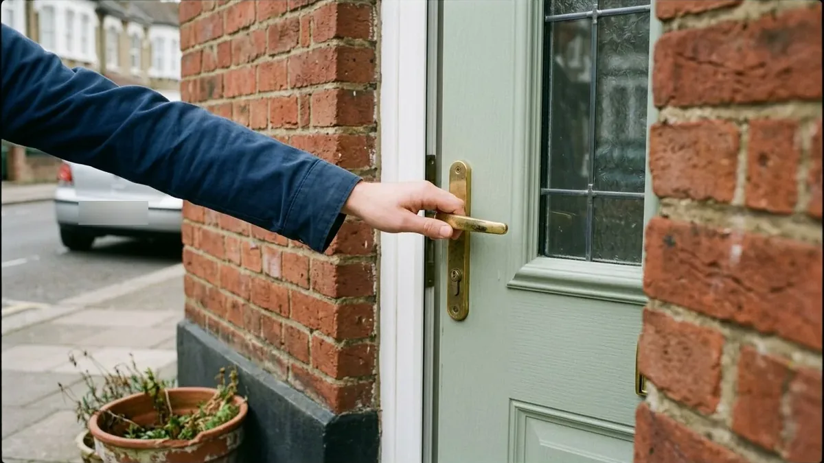 Hand on the brass lever handle of a pale composite front door with leaded glass, set in red London brickwork